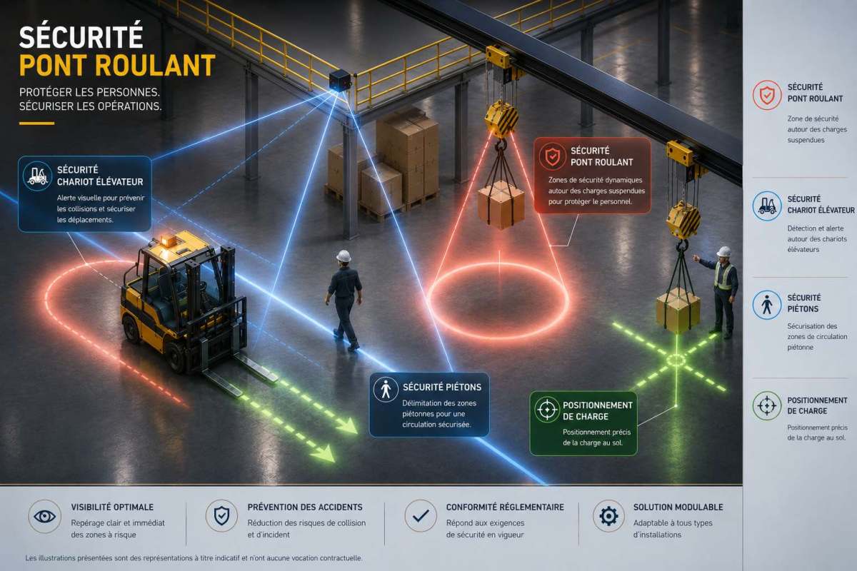 Sécurité pont roulant avec marquage lumineux LED des zones à risque